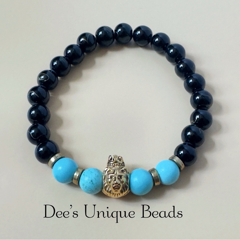 Handmade Gold Accent Leo Charm Black and Blue Beaded Bracelet-Gift Ready